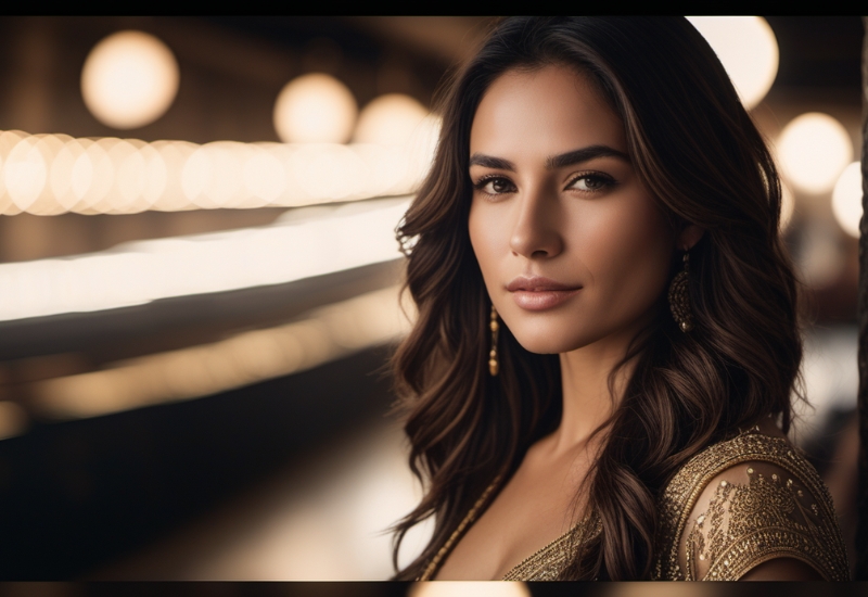 a woman with long brown hair and gold dress